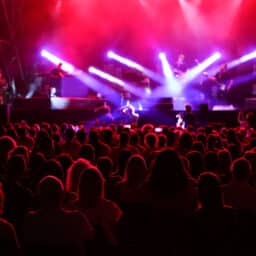 people in the audience spectators during the concert and the band on stage